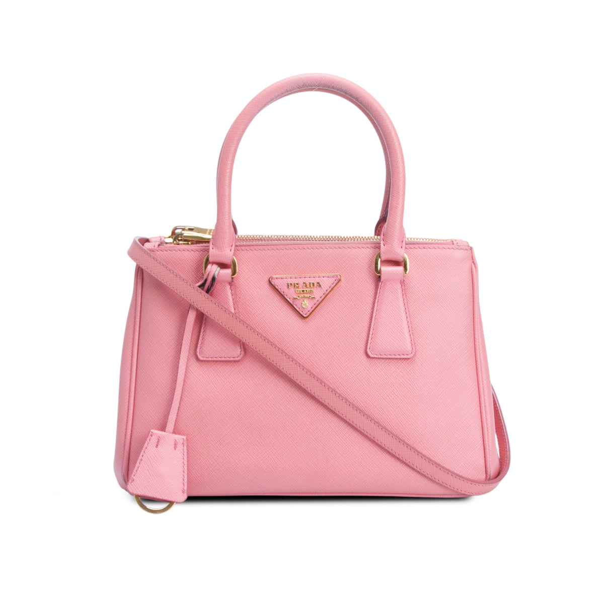 Prada Pink Saffiano Lux Leather Small Double Zip Galleria Tote w/ Strap & Authenticity Card