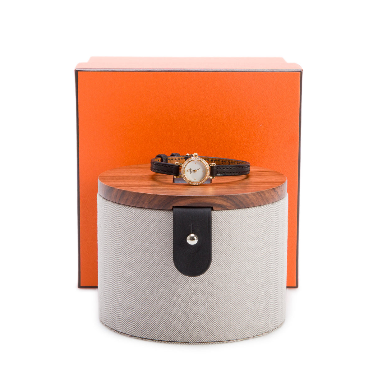 Hermes 2026 18k Yellow Gold Diamond Bezel Faubourg 15 MM Quartz Watch, Mini Model w/ Box & Papers