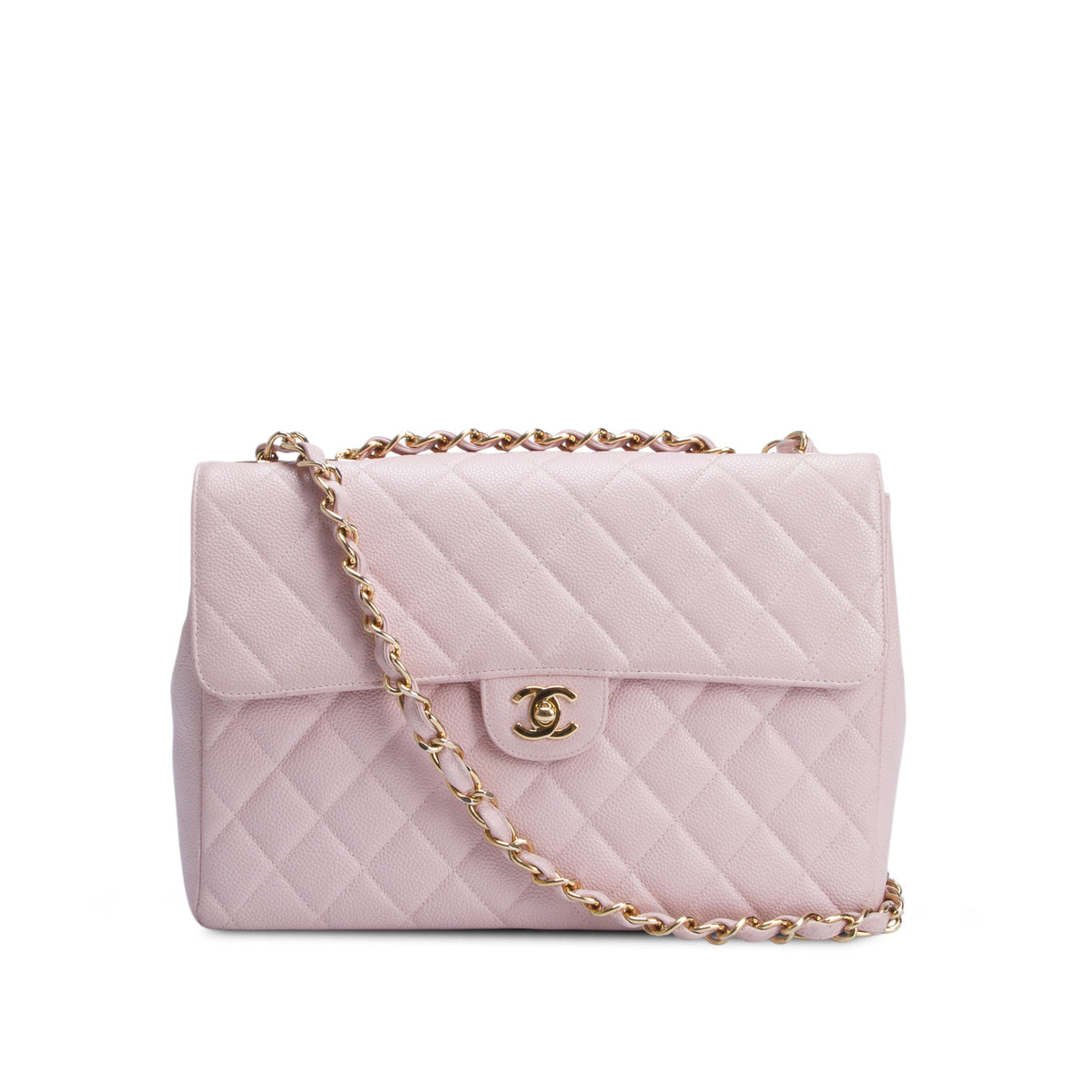 Chanel Pink Quilted Caviar Leather Square Classic Jumbo Single Flap Bag w/ Authenticity Card