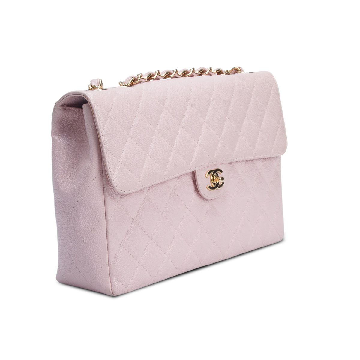 Chanel Pink Quilted Caviar Leather Square Classic Jumbo Single Flap Bag w/ Authenticity Card