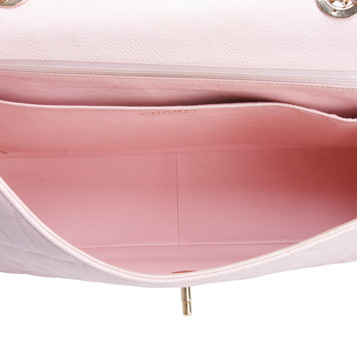 Chanel Pink Quilted Caviar Leather Square Classic Jumbo Single Flap Bag w/ Authenticity Card