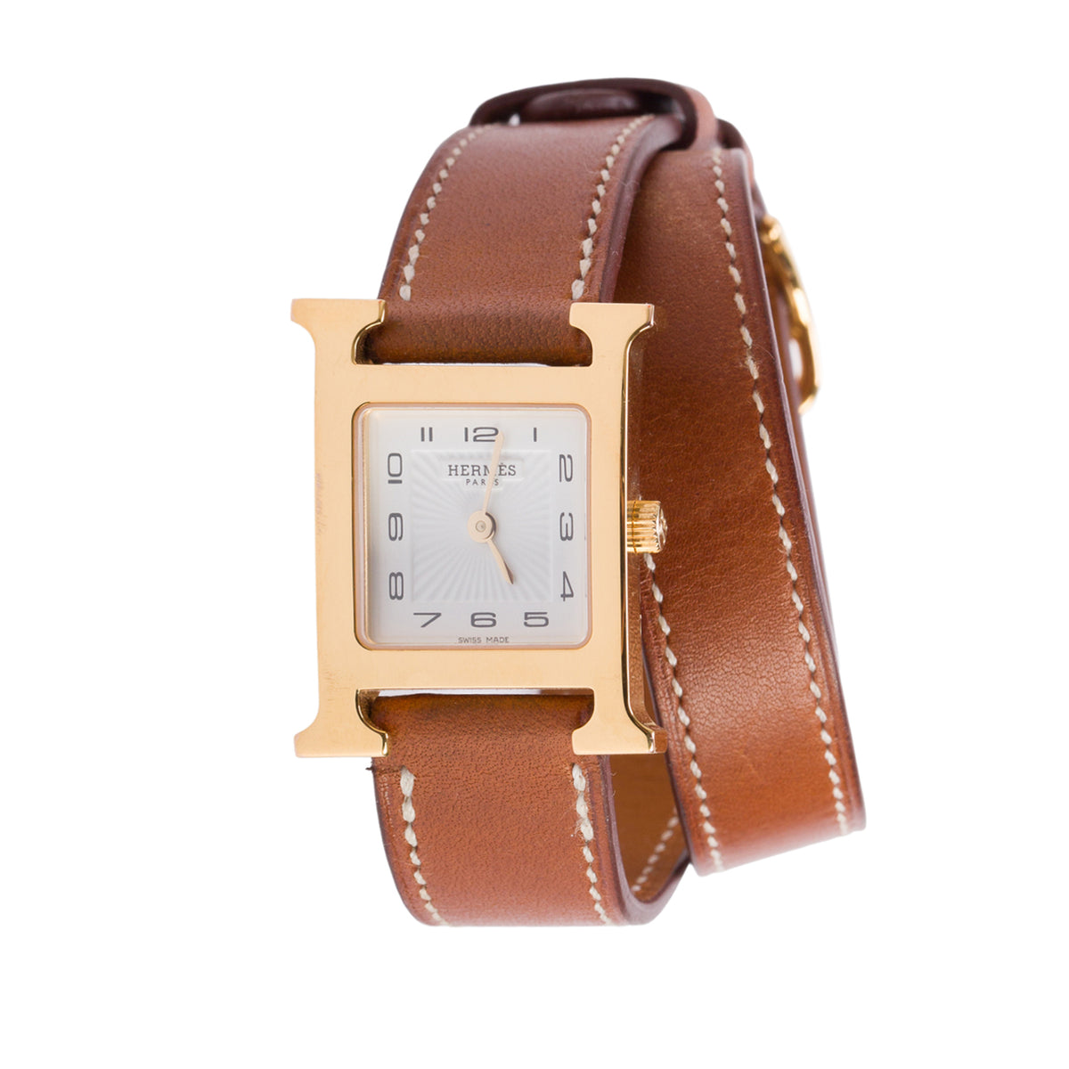 Hermes Gold Plated Stainless Steel Heure H 21 MM Quartz Double Tour Watch White Dial w/ Box