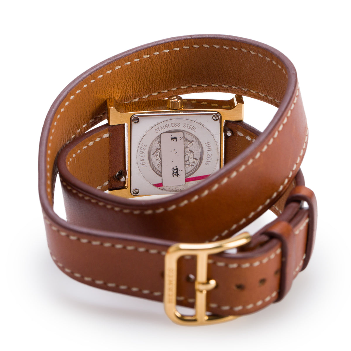 Hermes Gold Plated Stainless Steel Heure H 21 MM Quartz Double Tour Watch White Dial w/ Box