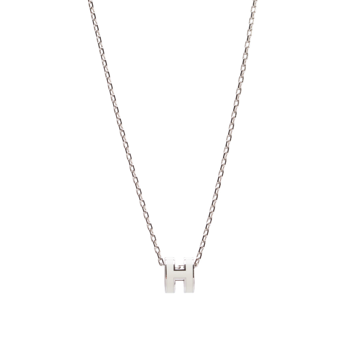 Hermes Palladium Plated White Lacquered Mini Pop H Pendant Necklace