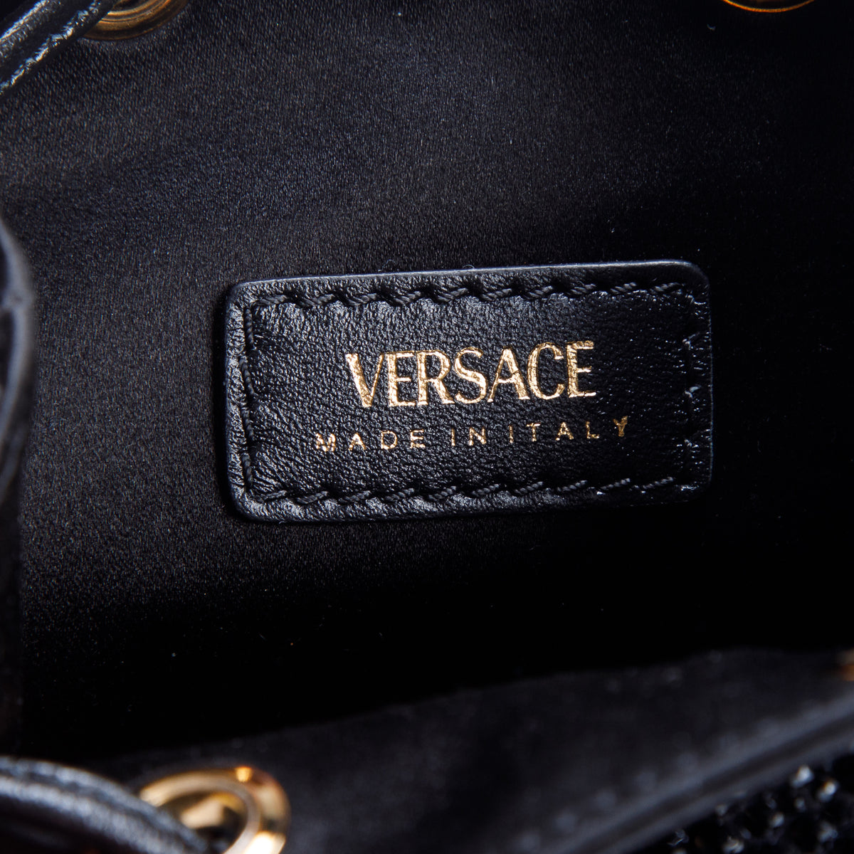 Versace Black La Medusa Embellished Satin Mini Bucket Bag w/ Box & Strap