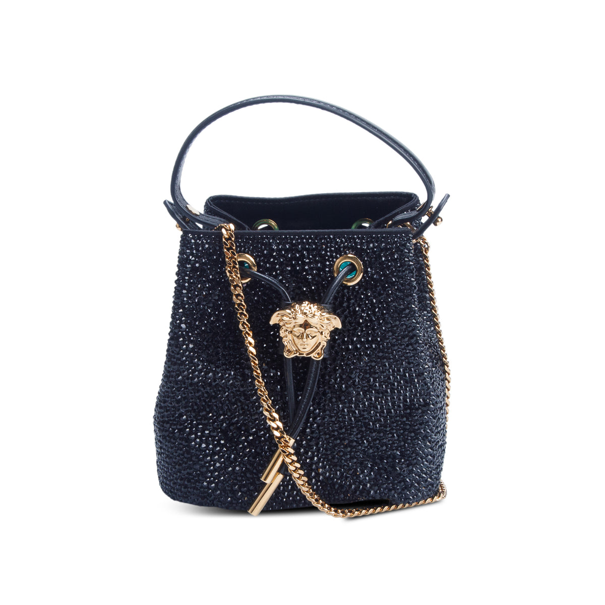 Versace Black La Medusa Embellished Satin Mini Bucket Bag w/ Box & Strap