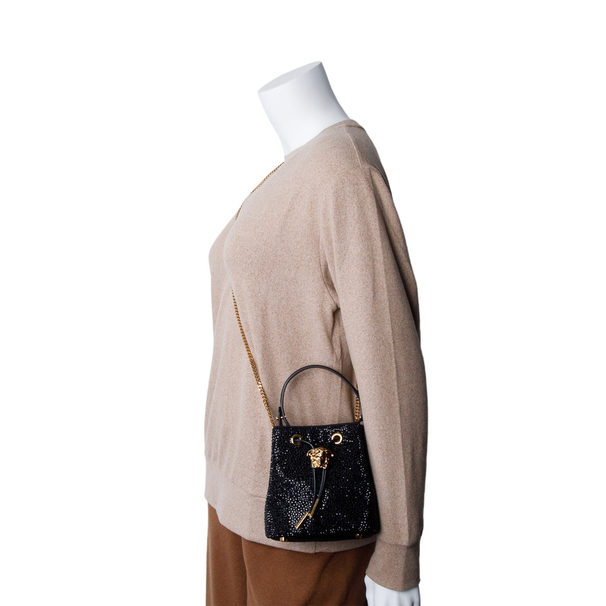Versace Black La Medusa Embellished Satin Mini Bucket Bag w/ Box & Strap