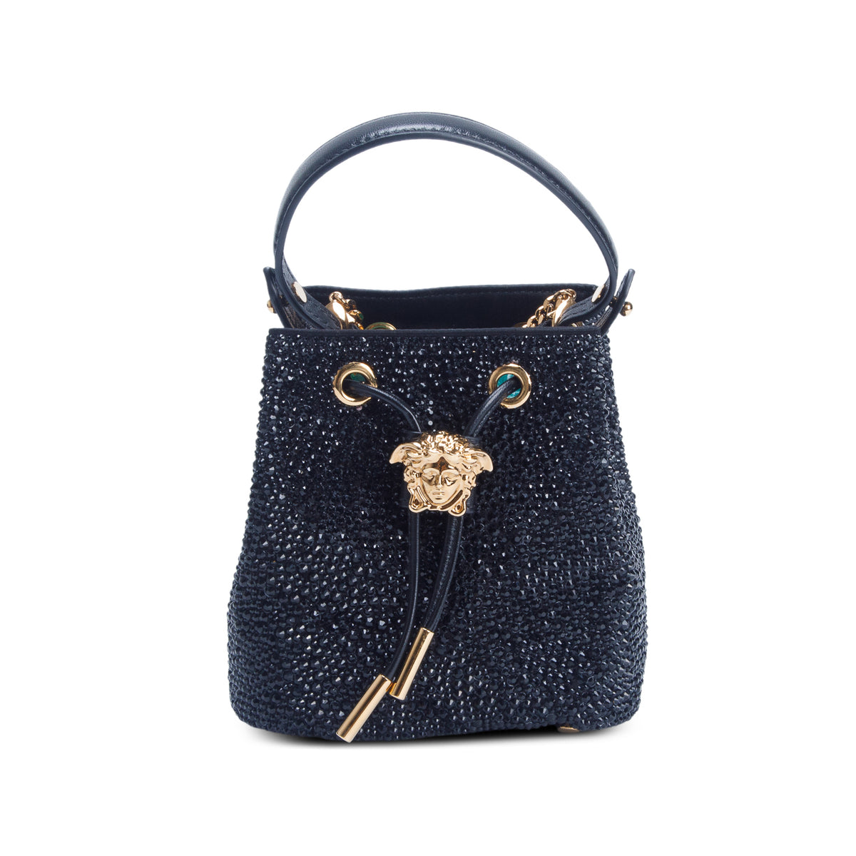 Versace Black La Medusa Embellished Satin Mini Bucket Bag w/ Box & Strap