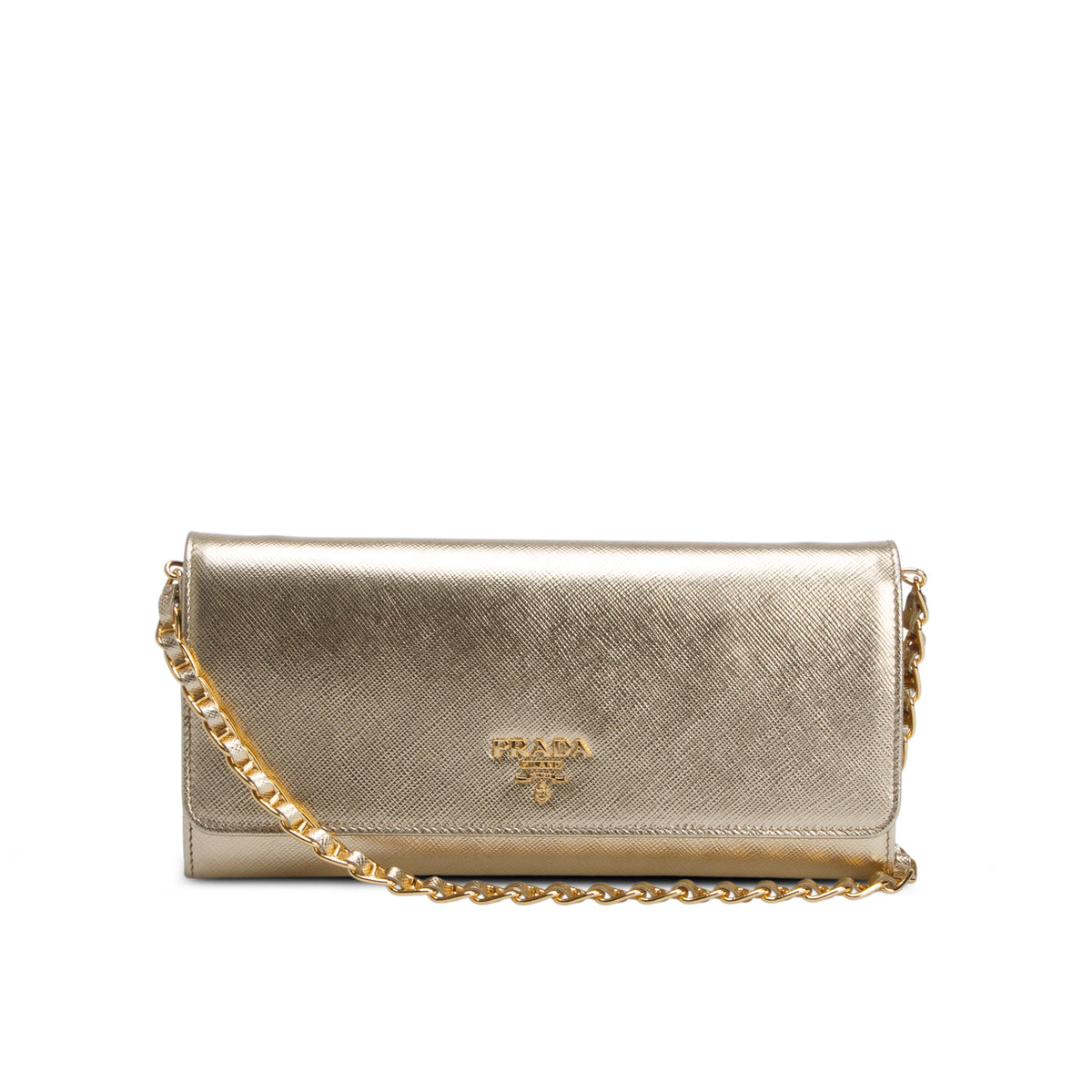 Prada Gold Saffiano Metal Continental Wallet on Chain