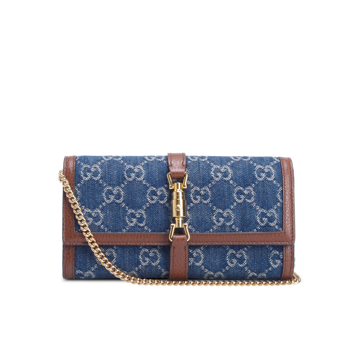 Gucci Blue New Denim GG Monogram Jackie 1961 Chain Wallet