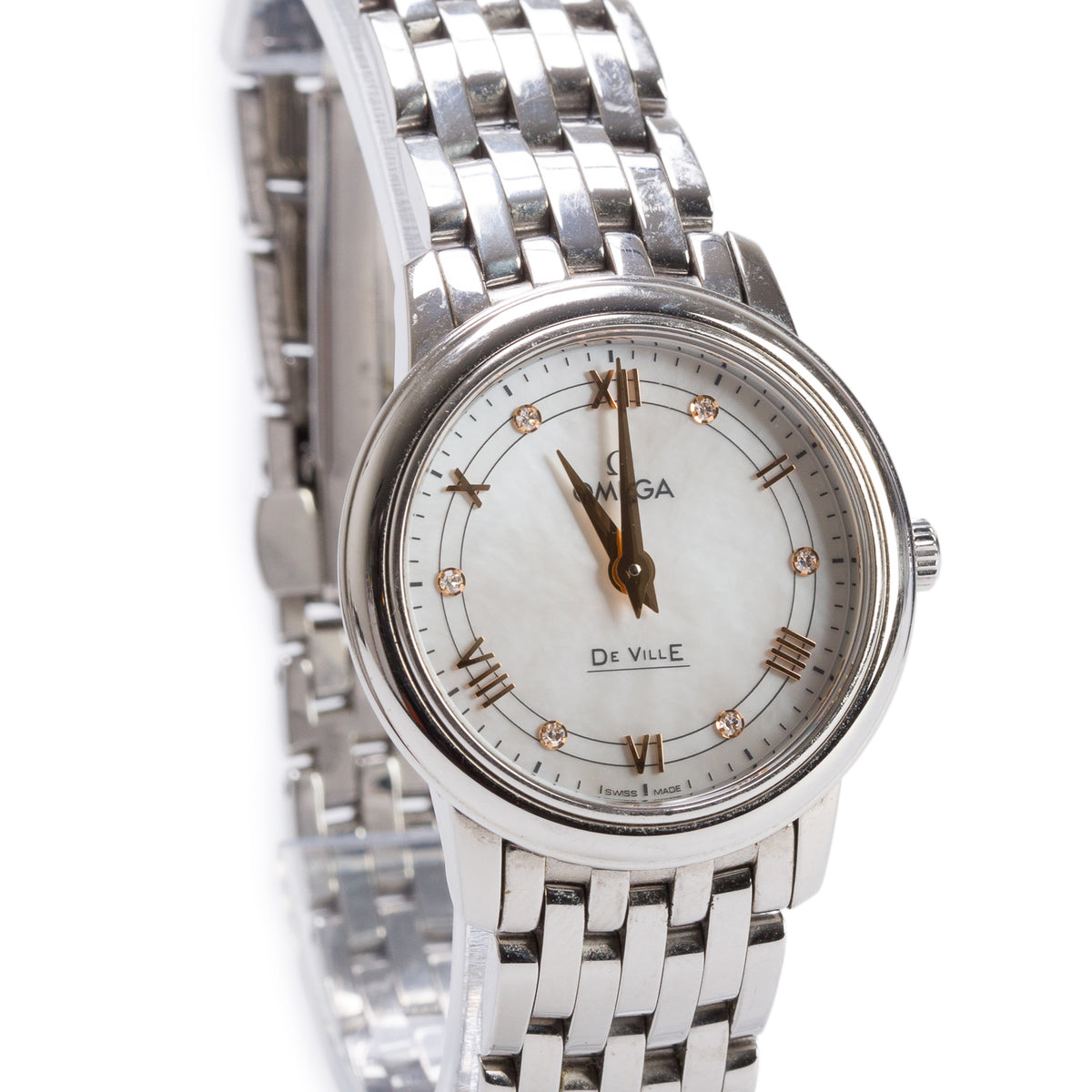 Omega Stainless Steel De Ville Prestige 27.4 MM Quartz Watch Mother of Pearl Diamond Dial