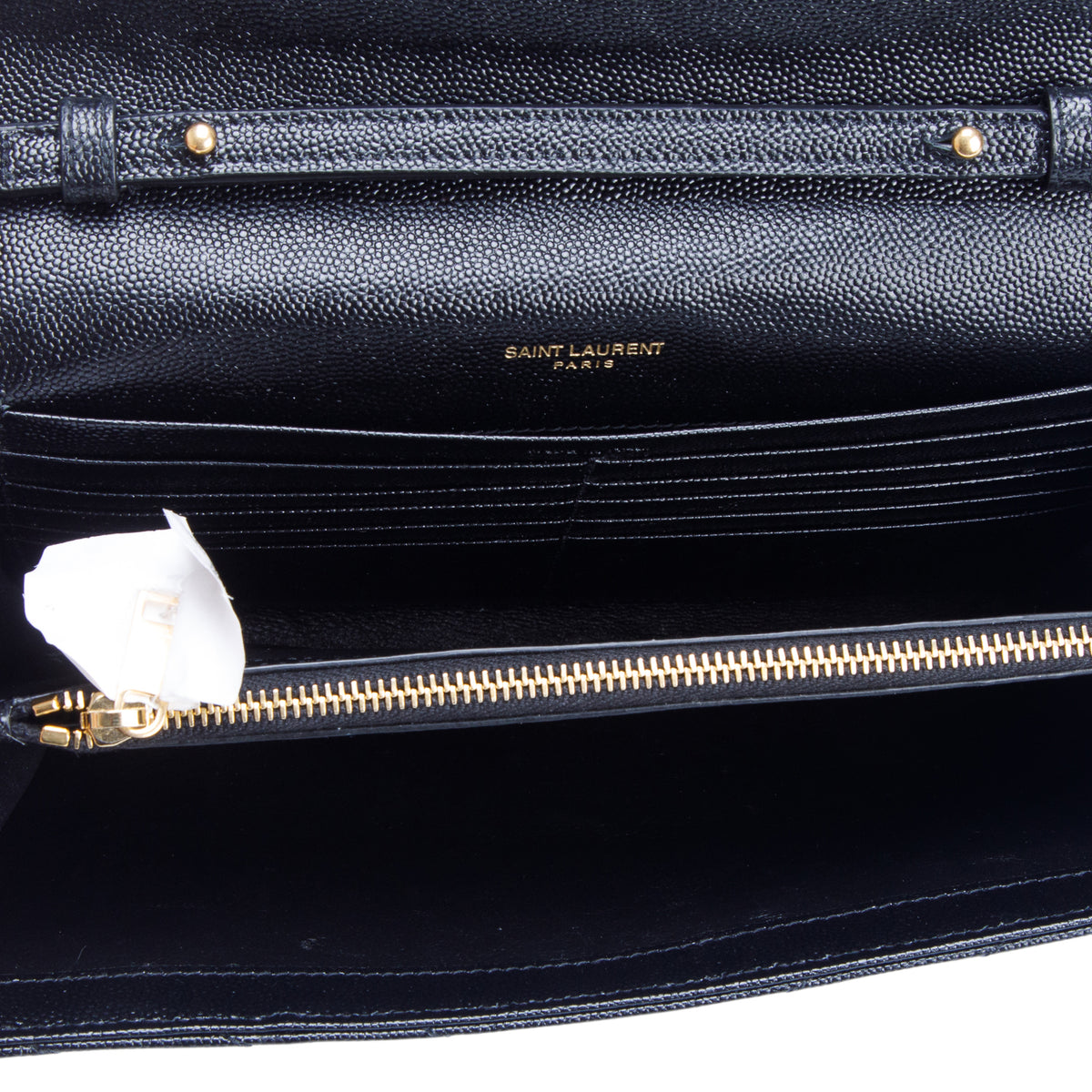 Saint Laurent 2023 Black Grain De Poudre Chevron Cassandre Envelope Chain Wallet