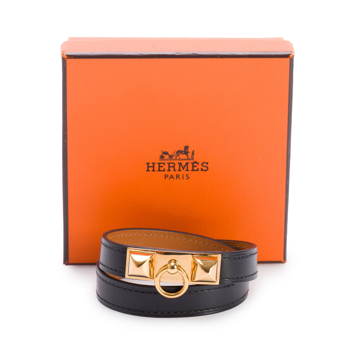 Hermes Gold Plated Rivale Double Tour Noir Leather Bracelet, Size M w/ Box