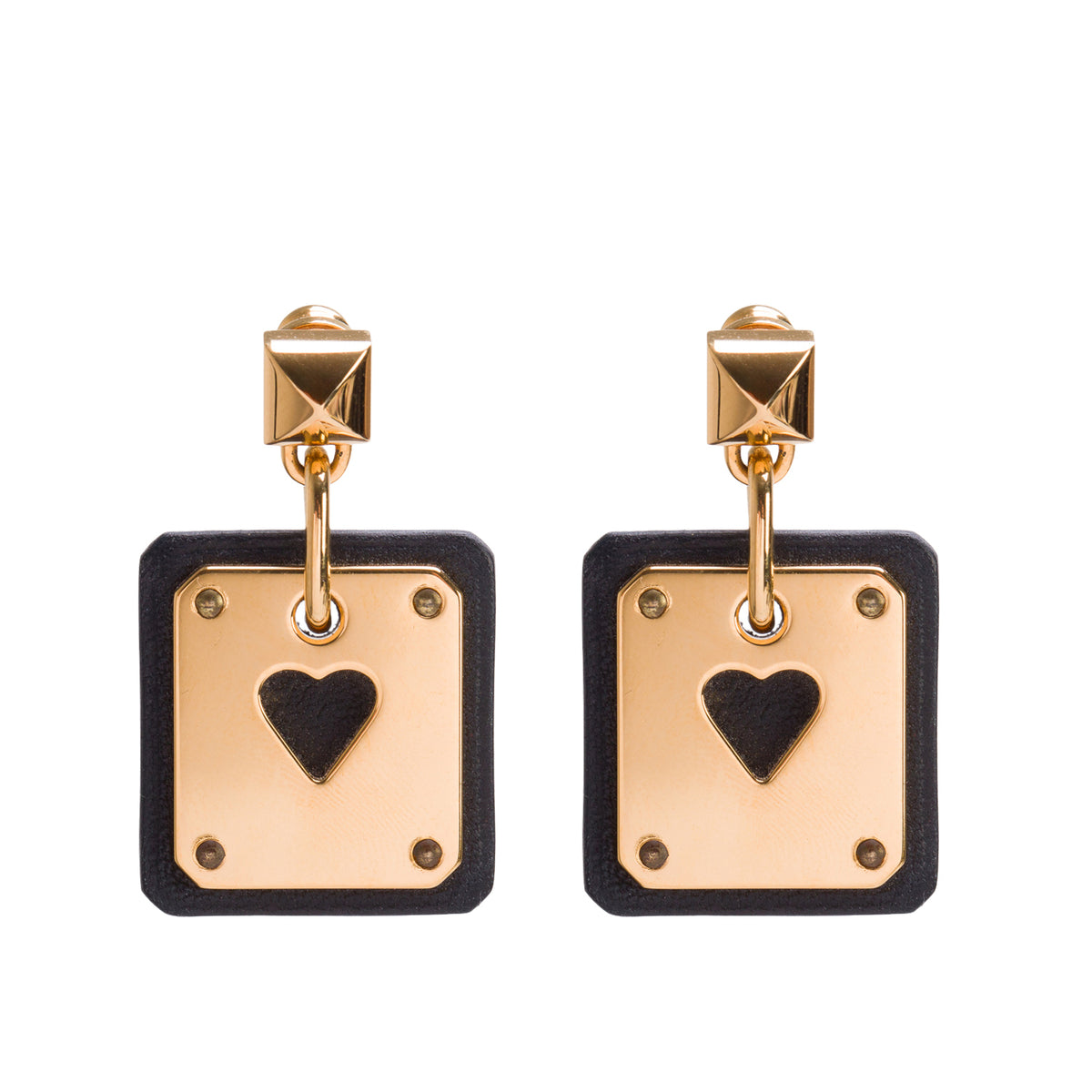 Hermes 2022 Gold Plated Metal Black Leather As De Coeur Drop Earrings w/ Box