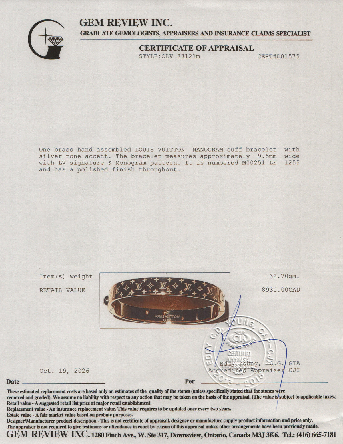 Louis Vuitton Gold Monogram Brass Nanogram Cuff Bracelet