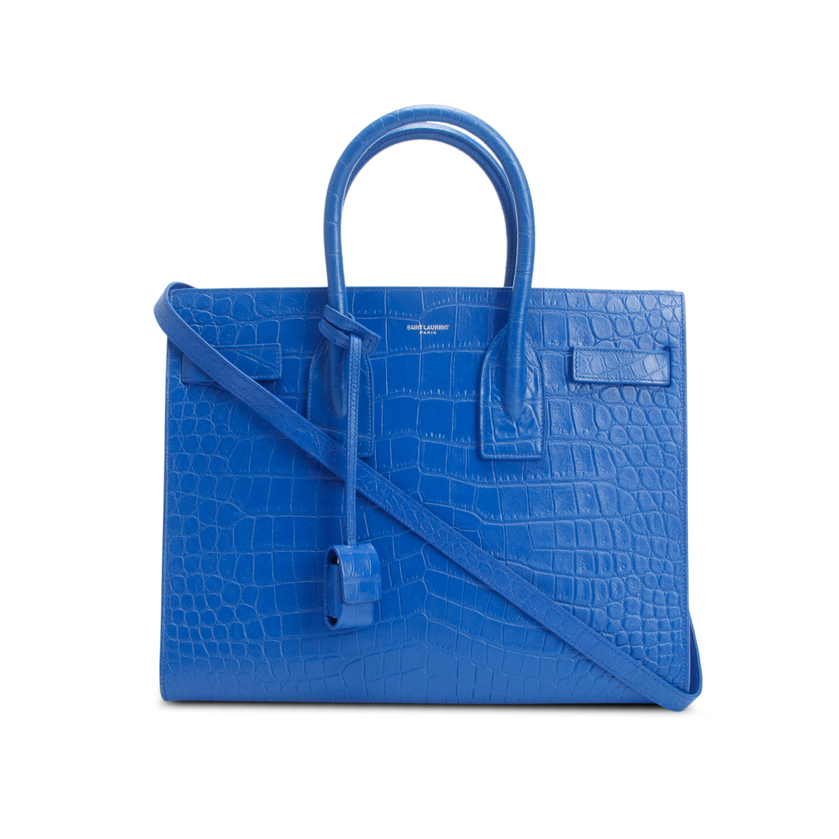 Saint Laurent Blue Crocodile Embossed Calfskin Leather Small Sac De Jour w/ Strap