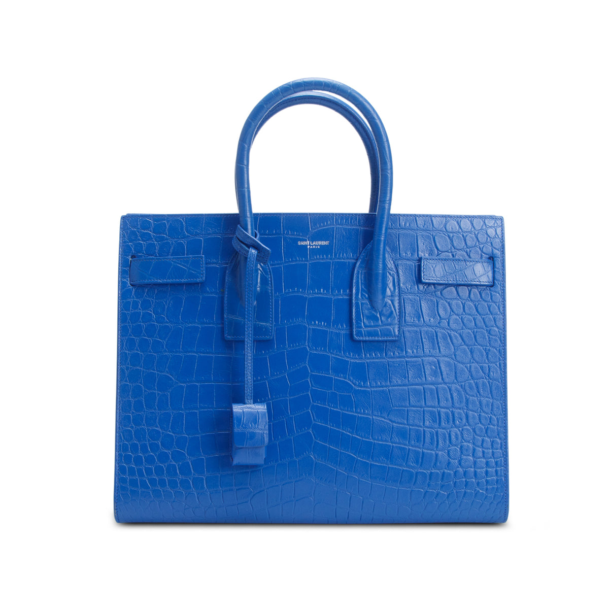 Saint Laurent Blue Crocodile Embossed Calfskin Leather Small Sac De Jour w/ Strap