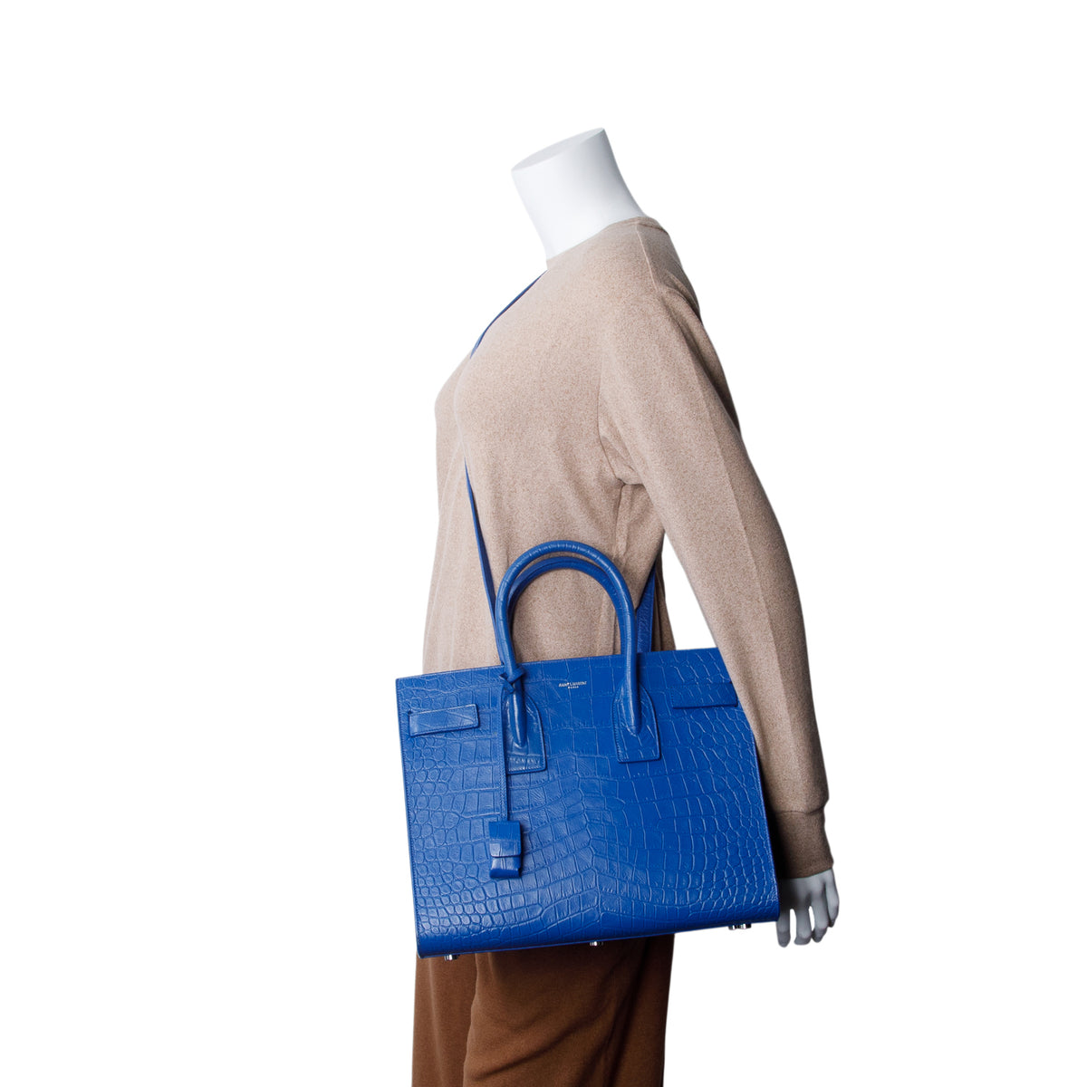 Saint Laurent Blue Crocodile Embossed Calfskin Leather Small Sac De Jour w/ Strap