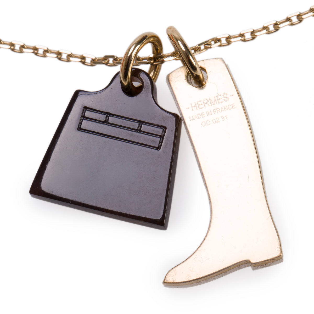 Hermes Gold-Plated Brown Horn Amulette Maroquinier Pendant Pendant Necklace, Small Model w/ Box