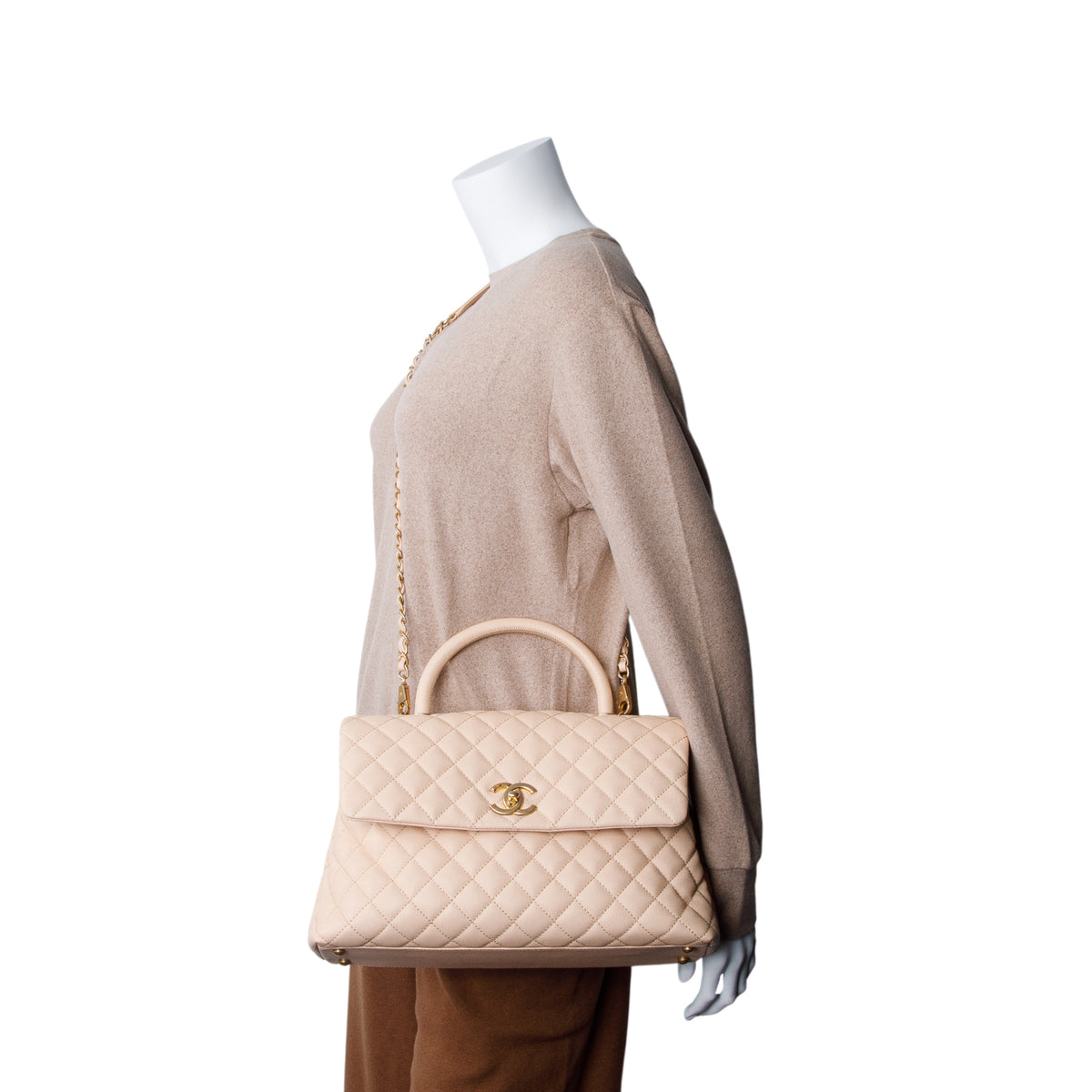 Chanel Beige Caviar Quilted Medium Coco Handle Flap w/ Authenticity Card