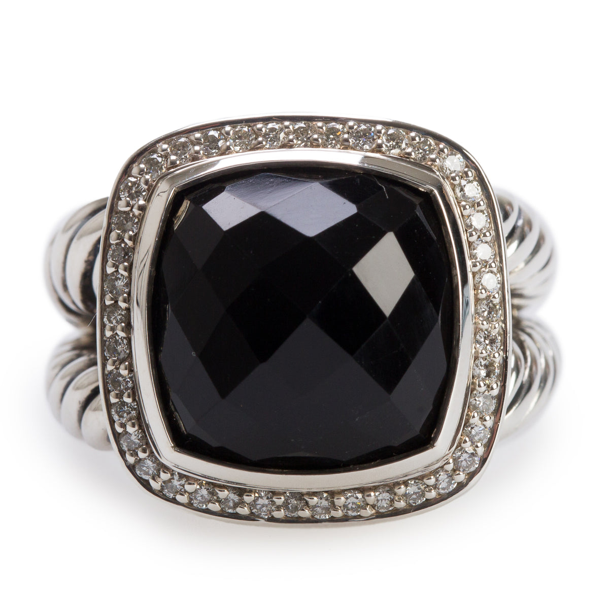 David Yurman Sterling Silver 15 MM Black Onyx & Diamond Albion Ring, Size 9
