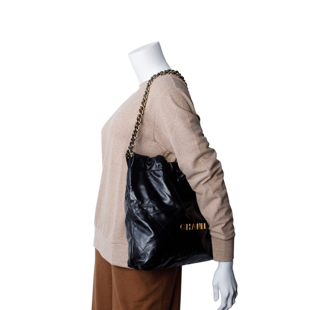 Chanel Black Shiny Calfskin Quilted Small 22 Hobo w/ Pouch