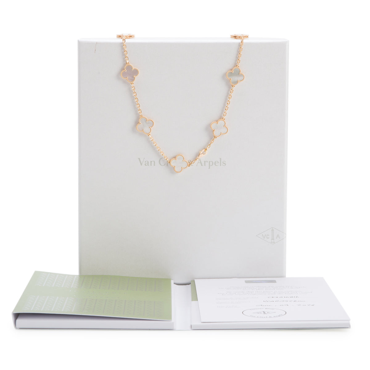 Van Cleef & Arpels 2026 18k Yellow Gold Vintage Alhambra 10 Motif Mother of Pearl Necklace w/ Box, Receipt & Certificate