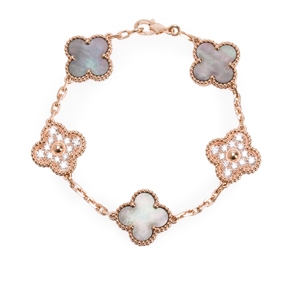 Van Cleef & Arpels 2026 18k Rose Gold Vintage Alhambra 5 Motif Diamond & Grey Mother of Pearl Bracelet w/ Pouch & Receipt