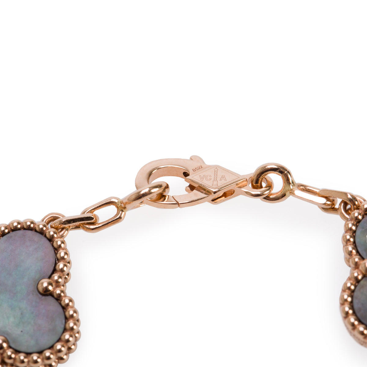 Van Cleef & Arpels 2026 18k Rose Gold Vintage Alhambra 5 Motif Diamond & Grey Mother of Pearl Bracelet w/ Pouch & Receipt