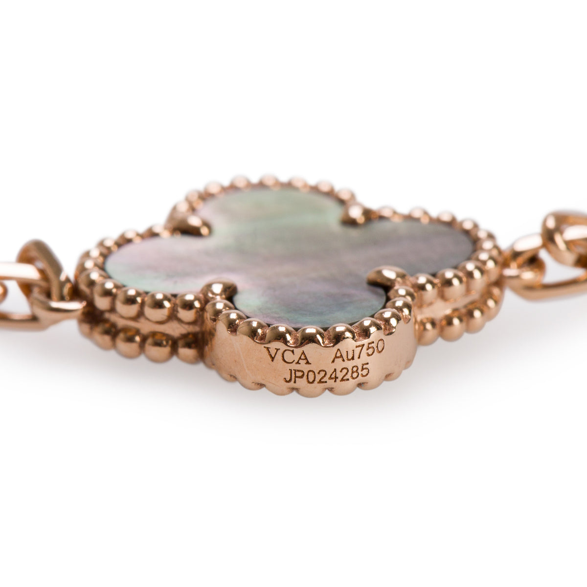 Van Cleef & Arpels 2026 18k Rose Gold Vintage Alhambra 5 Motif Diamond & Grey Mother of Pearl Bracelet w/ Pouch & Receipt