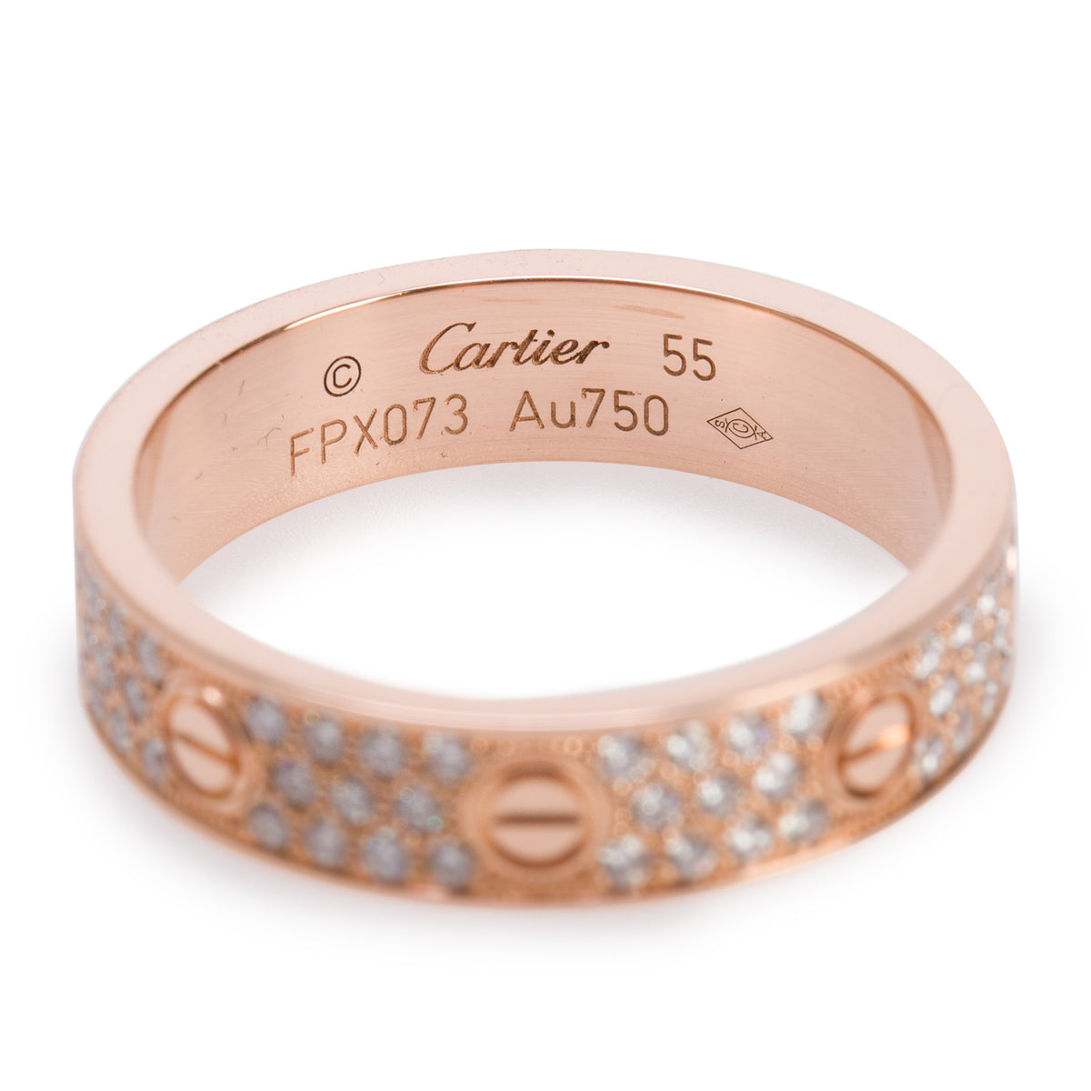 Cartier 18k Rose Gold Paved Diamond Love Ring, Small Model Size 55 7.25 w/ Box, Receipt & Certificate