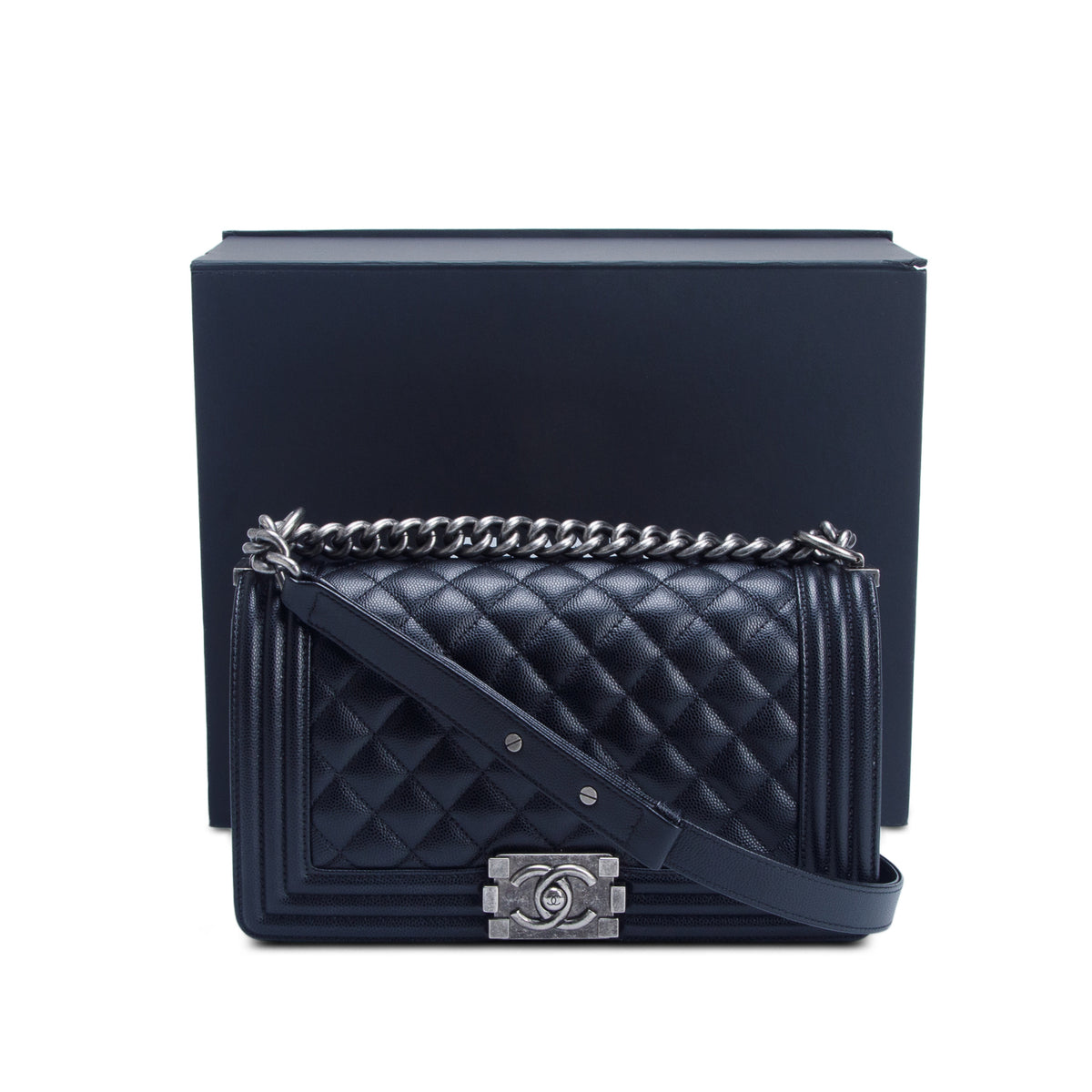 Chanel Black Quilted Caviar Medium Boy Flap Bag w/ Box