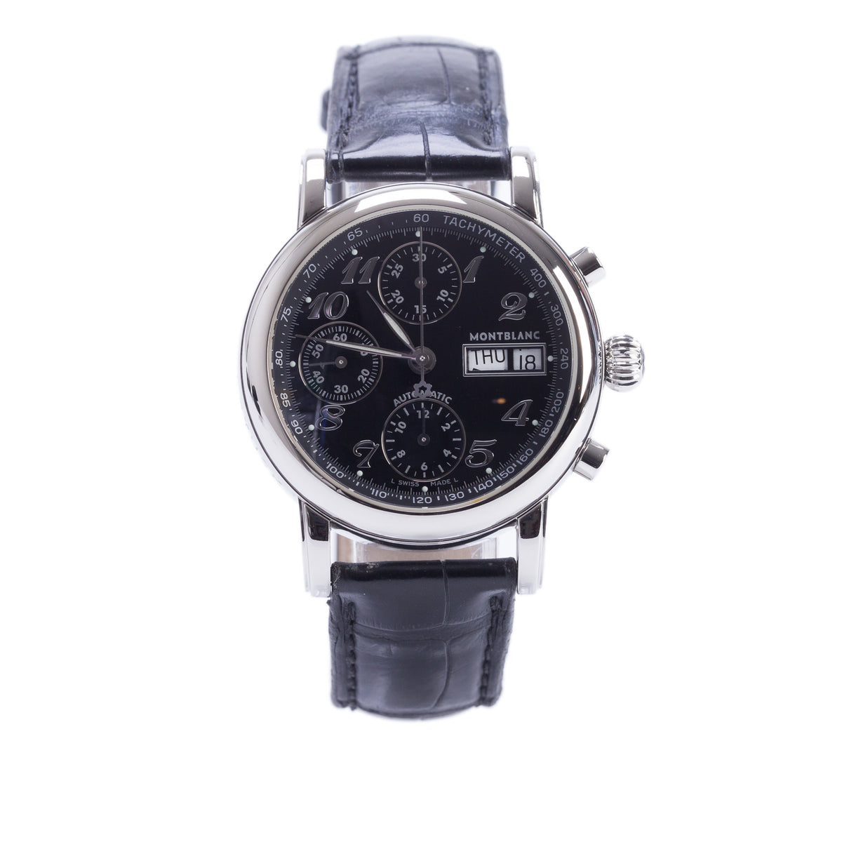 Montblanc Stainless Steel Meisterstuck Star Day Date 38 MM Automatic Chronograph Watch Black Dial 7016