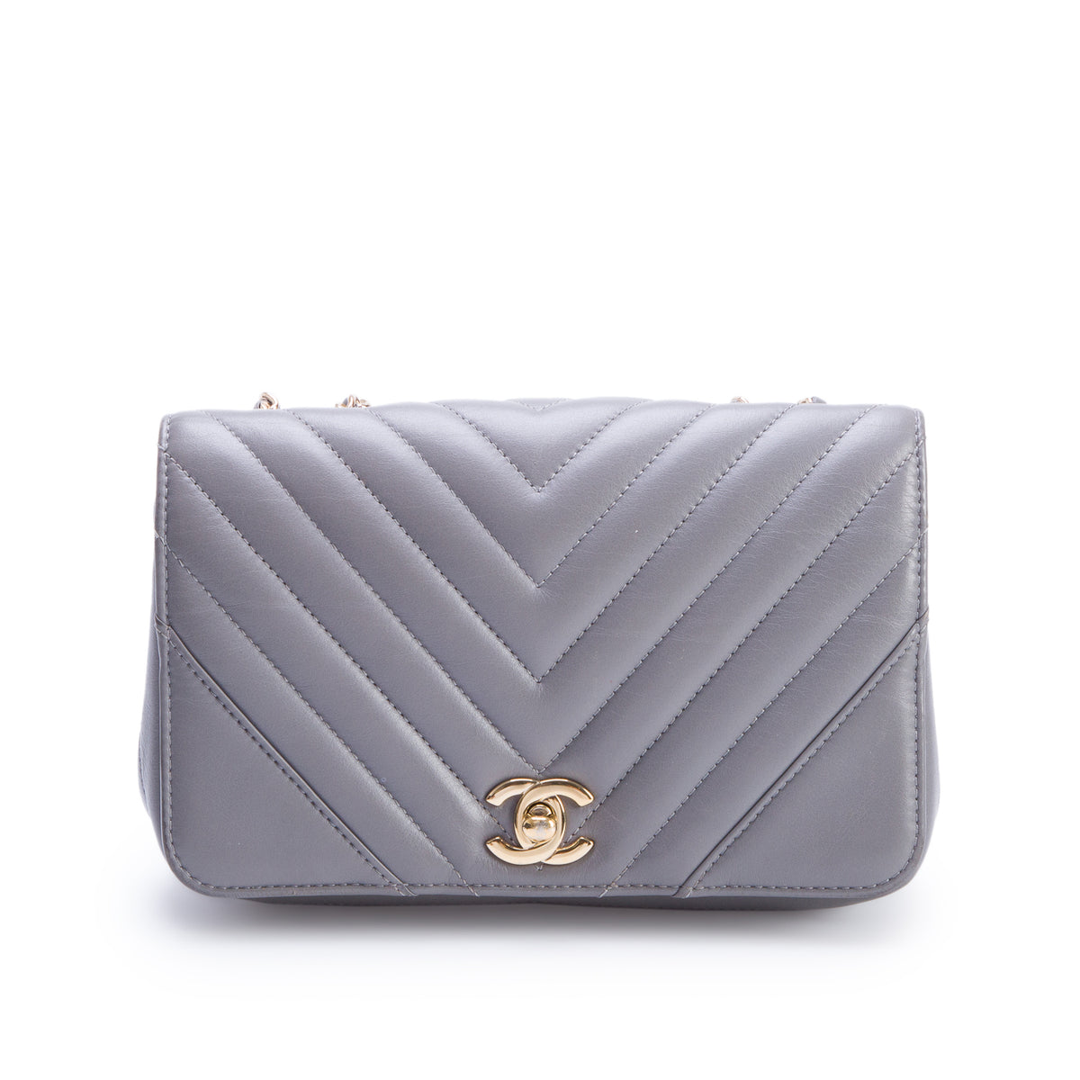 Chanel Grey Calfskin Chevron Quilted Small Statement Flap