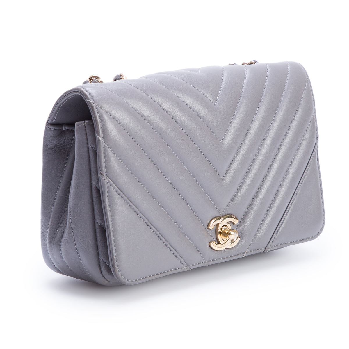 Chanel Grey Calfskin Chevron Quilted Small Statement Flap