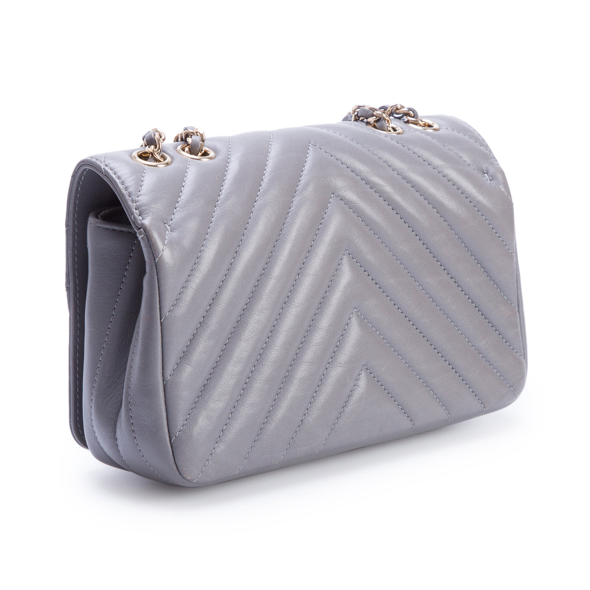 Chanel Grey Calfskin Chevron Quilted Small Statement Flap