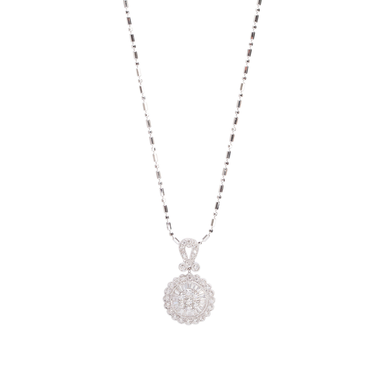 14k White Gold Cluster Diamond Pendant Necklace