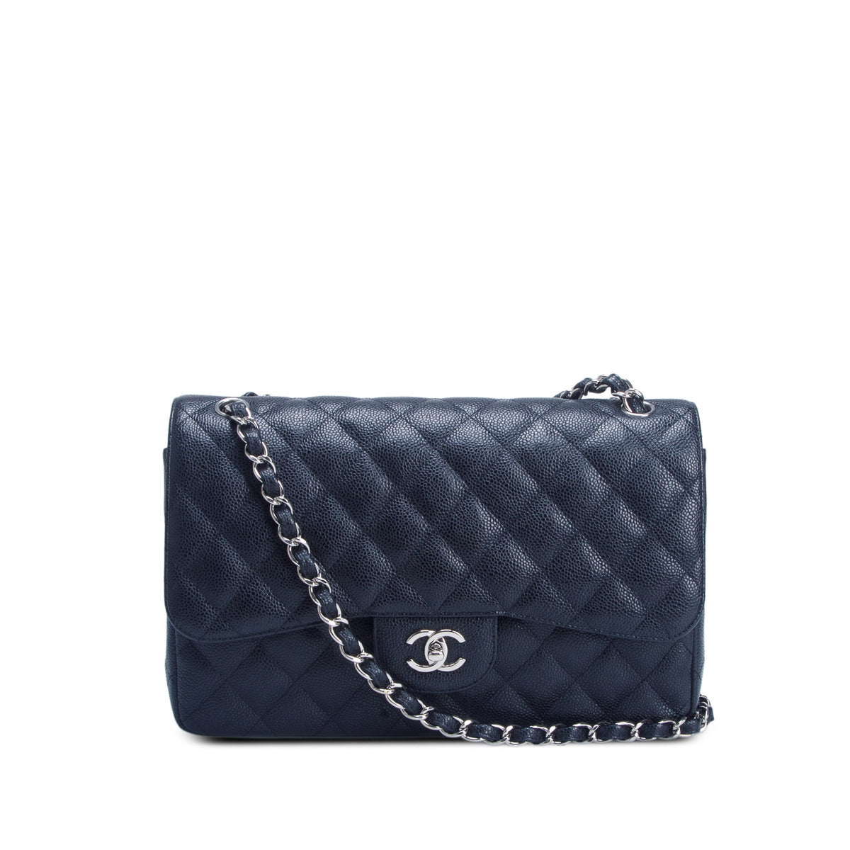 Chanel Black Caviar Quilted Leather Classic Jumbo Double Flap Bag w/ Authenticity Card
