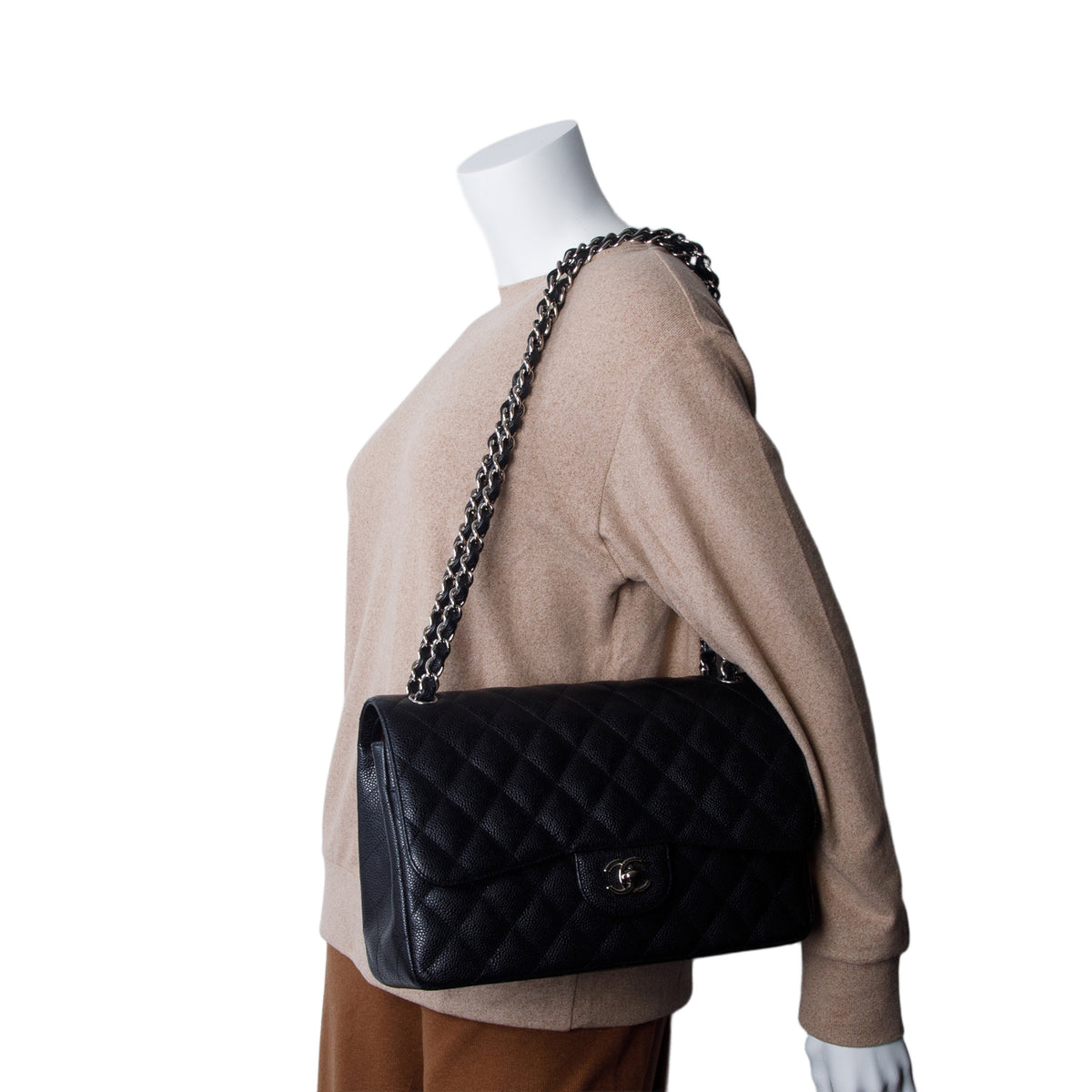 Chanel Black Caviar Quilted Leather Classic Jumbo Double Flap Bag w/ Authenticity Card