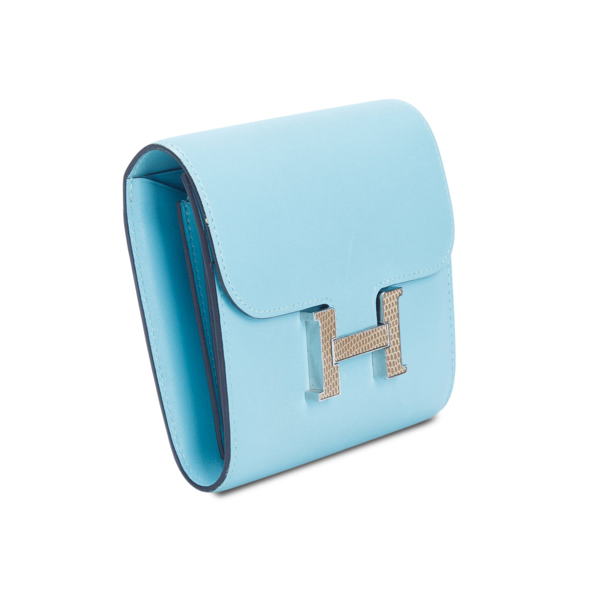 Hermes Blue Atoll Tadelakt Leather Lizard Constance H Compact Wallet w/ Box