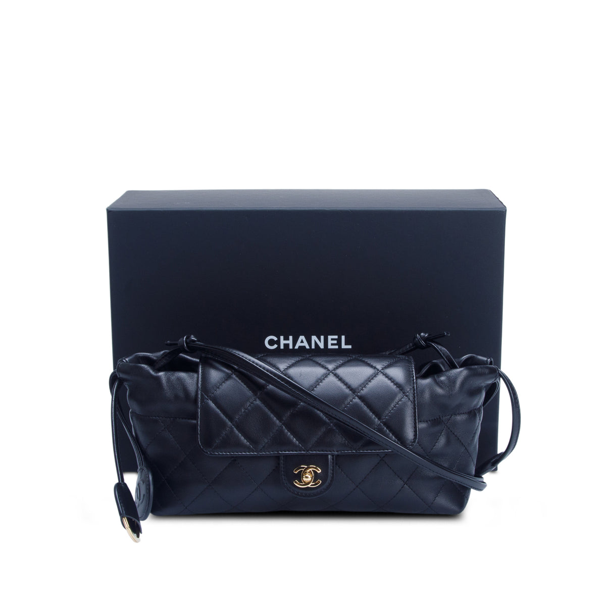 Chanel Black Lambskin Drawstring Clutch w/ Box