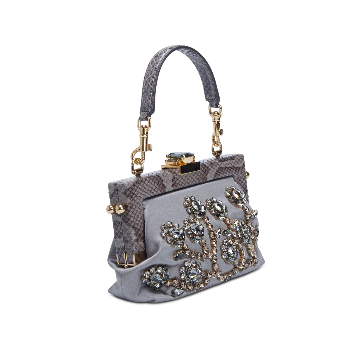 Dolce & Gabbana Grey Satin Snake Trim Crystal Embellished Clutch w/ Straps & Authenticity Card