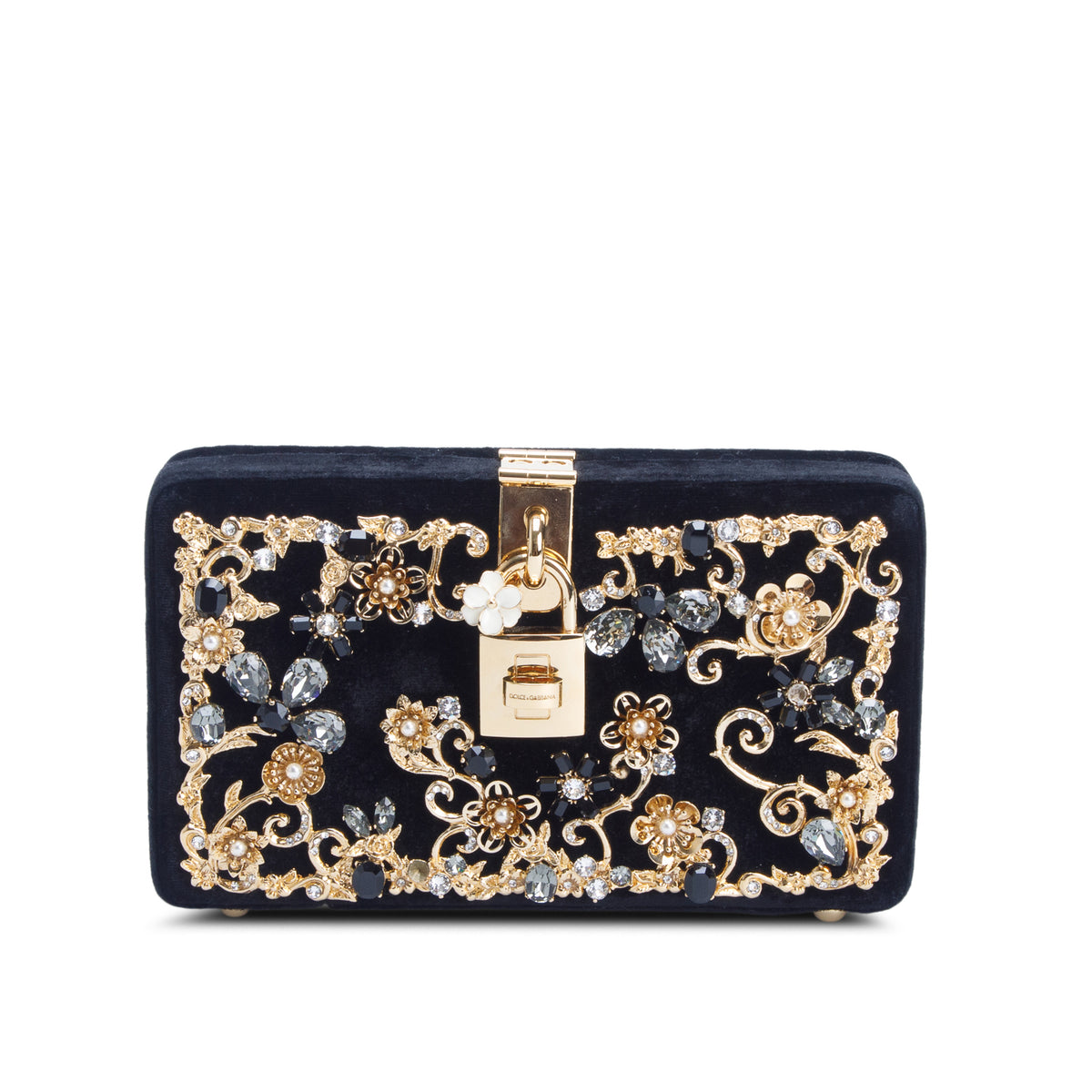 Dolce & Gabbana Black Velvet Crystal Floral Dolce Box Clutch w/ Authenticity Card