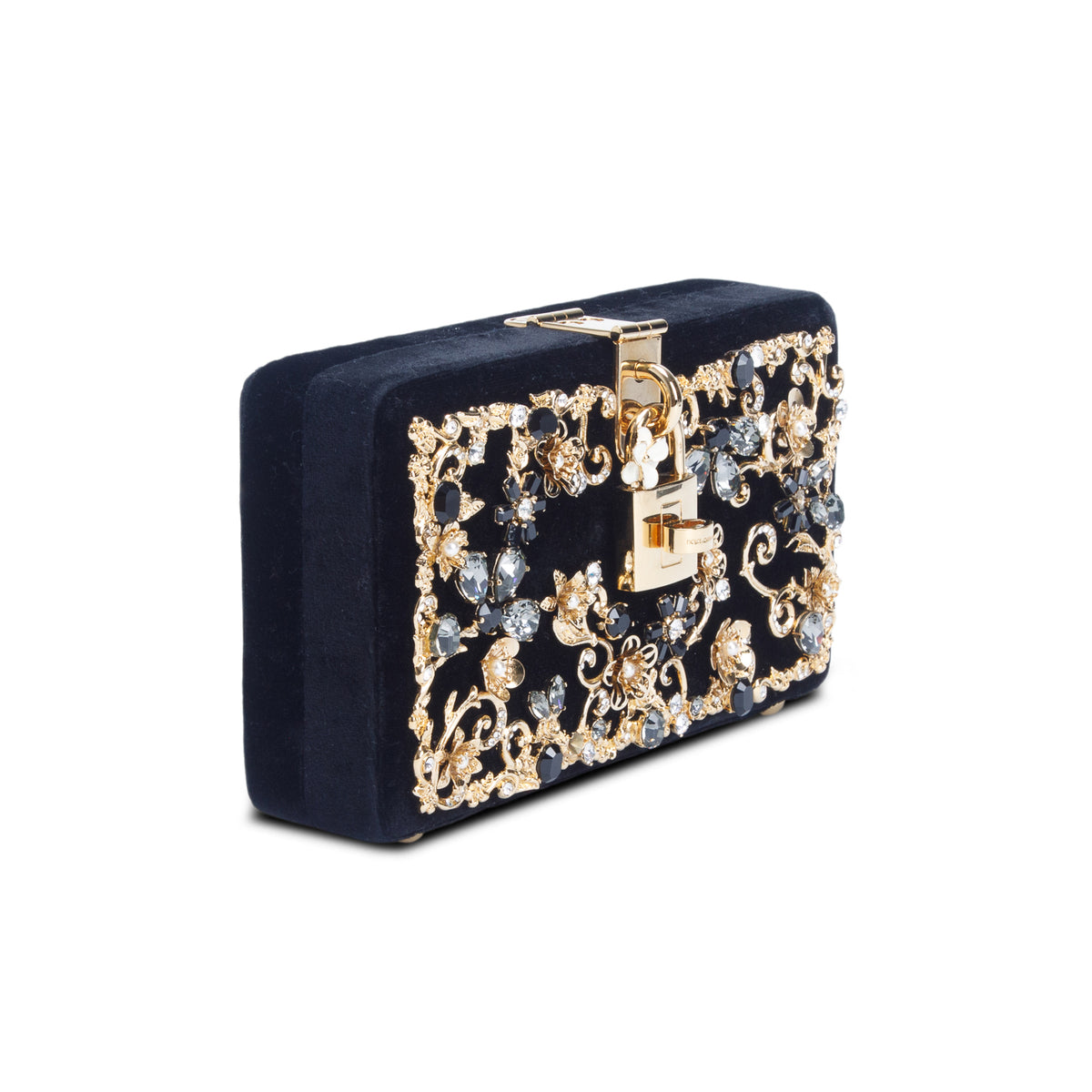 Dolce & Gabbana Black Velvet Crystal Floral Dolce Box Clutch w/ Authenticity Card