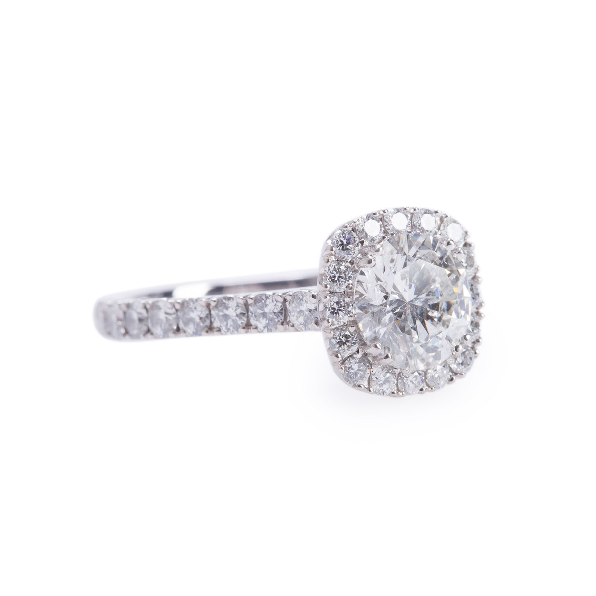 18k White Gold 1.60 ct. Round Cut Halo Design Diamond Engagement Ring, Size 6.5