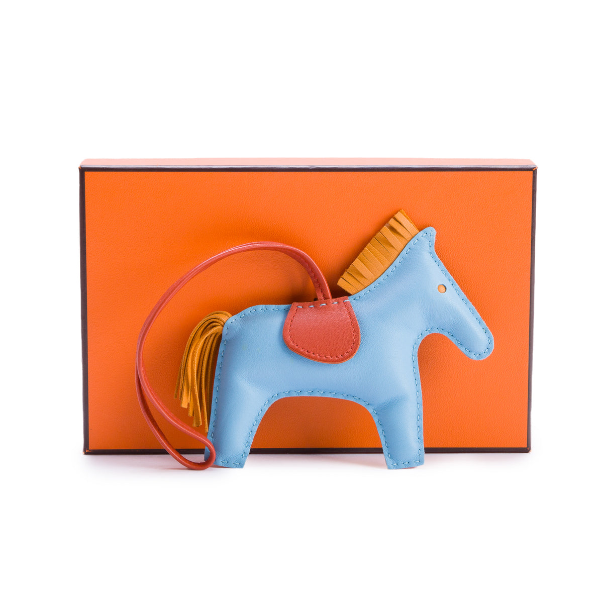 Hermes Celeste/Natural Boutun/Cornaline Milo Lambskin Grigri Rodeo Horse Bag Charm GM w/ Box