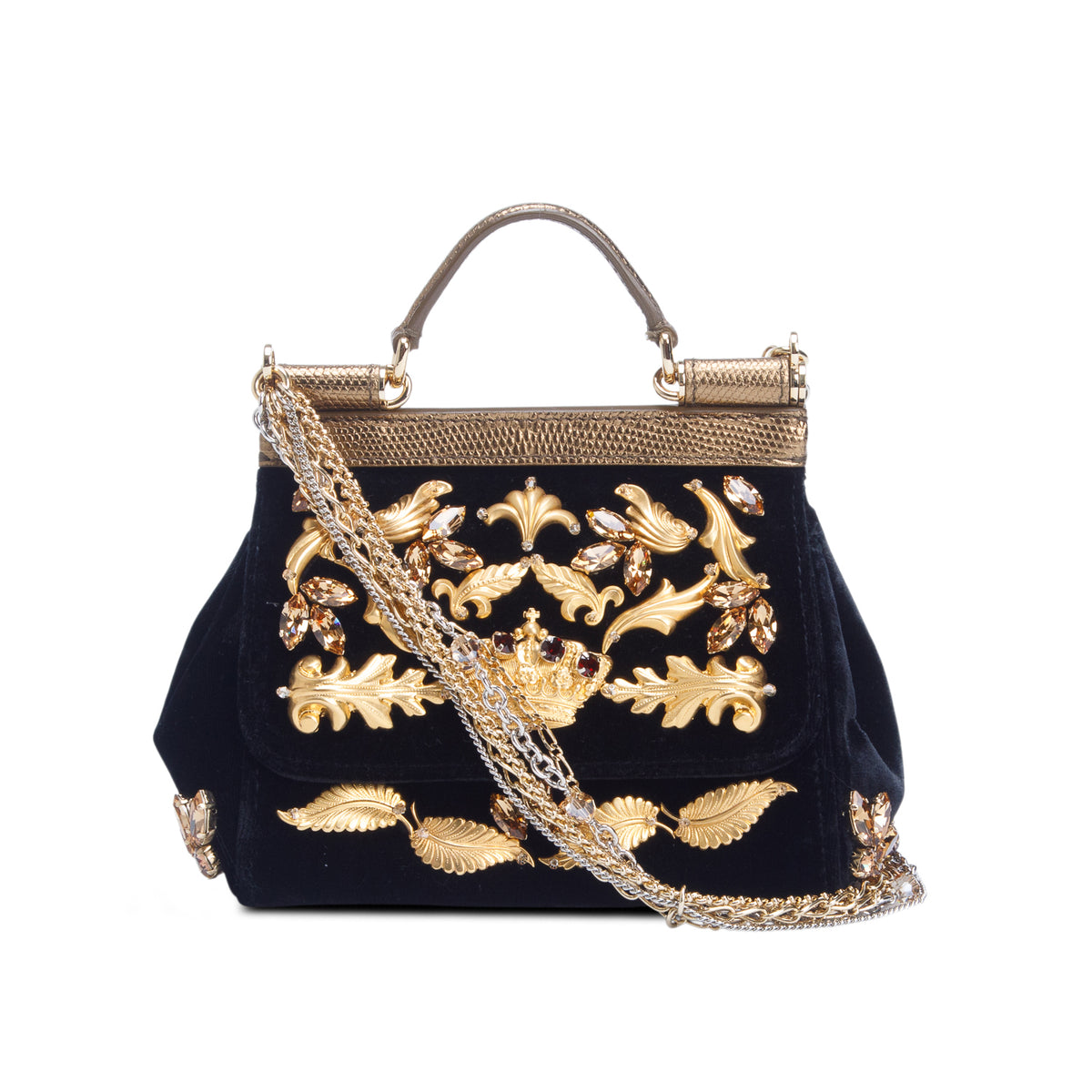 Dolce & Gabanna Black Velvet Crystal Embellished Mini Sicily w/ Authenticity Card
