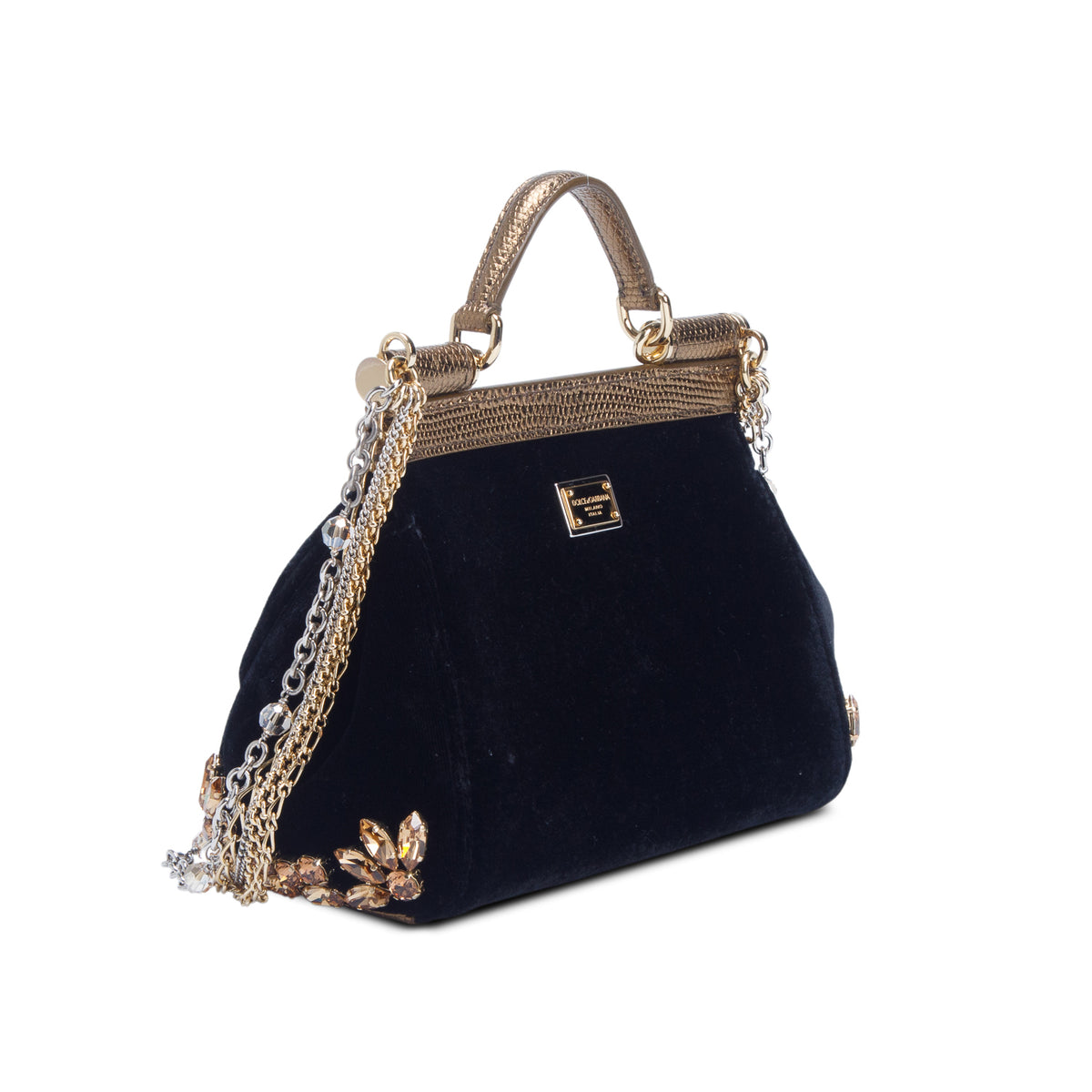 Dolce & Gabanna Black Velvet Crystal Embellished Mini Sicily w/ Authenticity Card