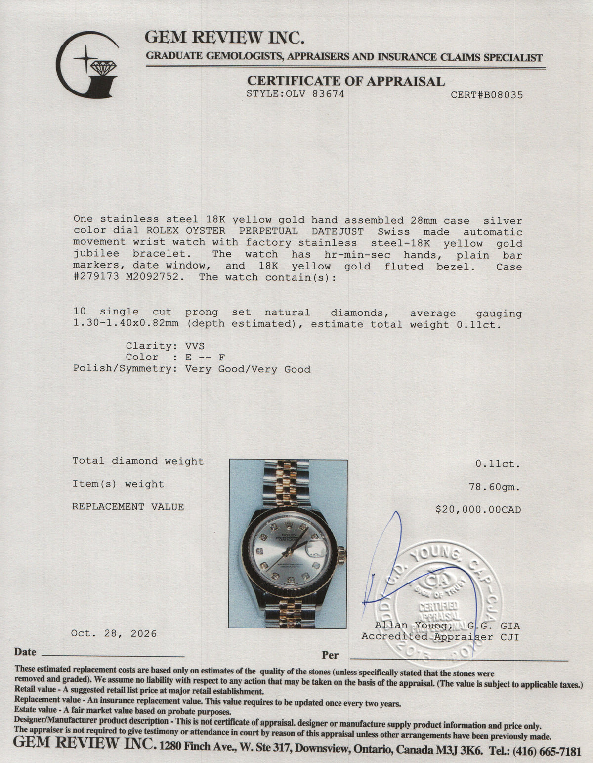 Rolex 2021 Stainless Steel & 18k Yellow Gold Lady-Datejust 28 MM Automatic Watch Silver Diamond Dial 279173 w/ Box & Papers