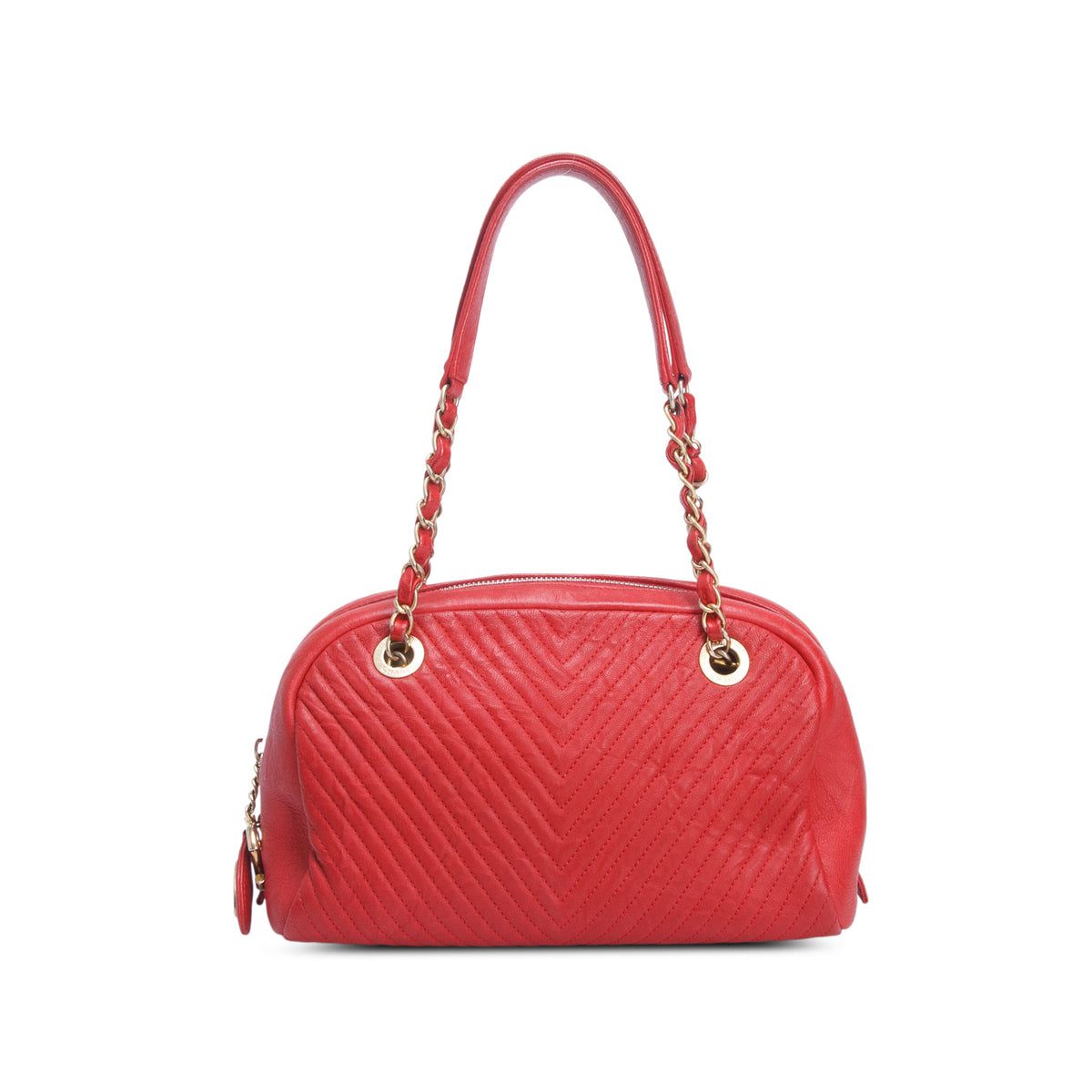 Chanel Red Chevron Aged Lambskin Bowling Bag